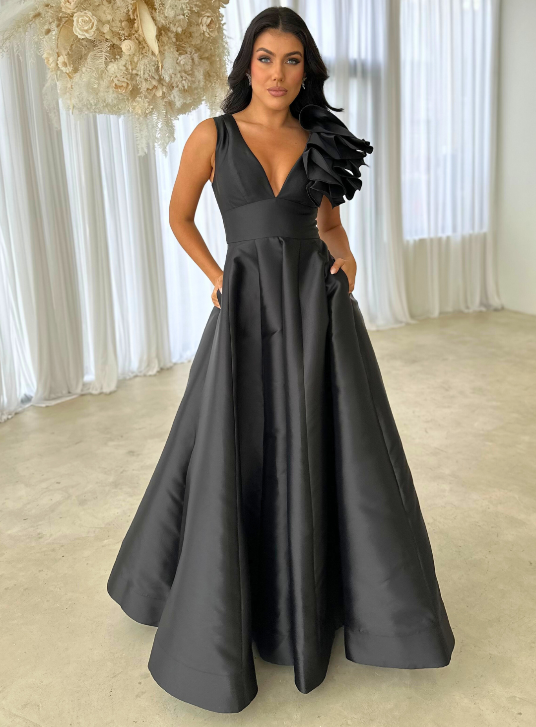 Black Mirella V Neck Ruffle Gown by Bariano White Runway