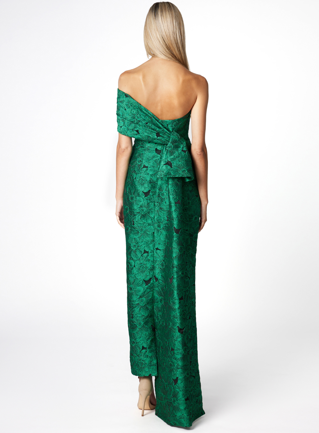 emerald green jaquard evening dress with 3d detail on the back