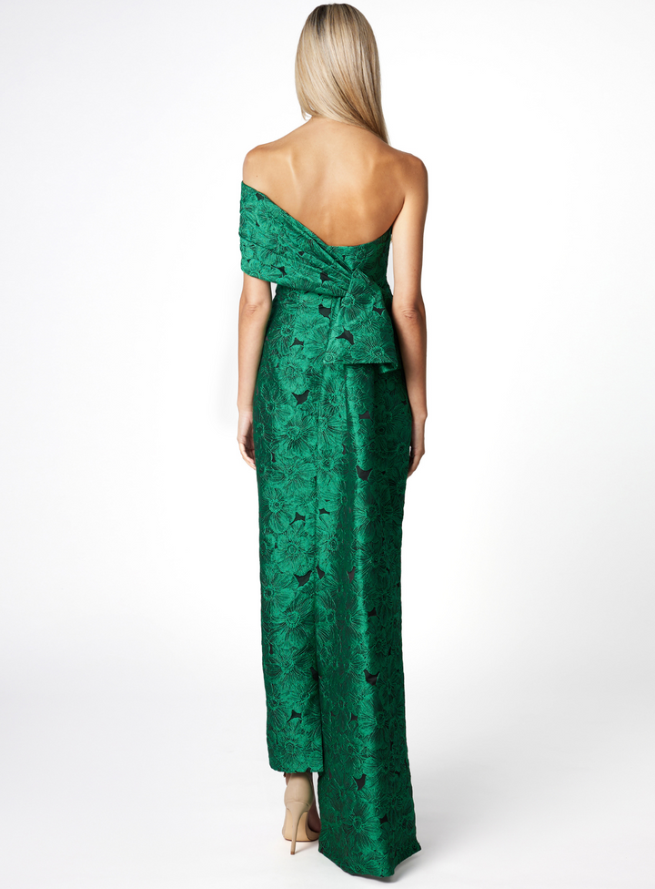 emerald green jaquard evening dress with 3d detail on the back