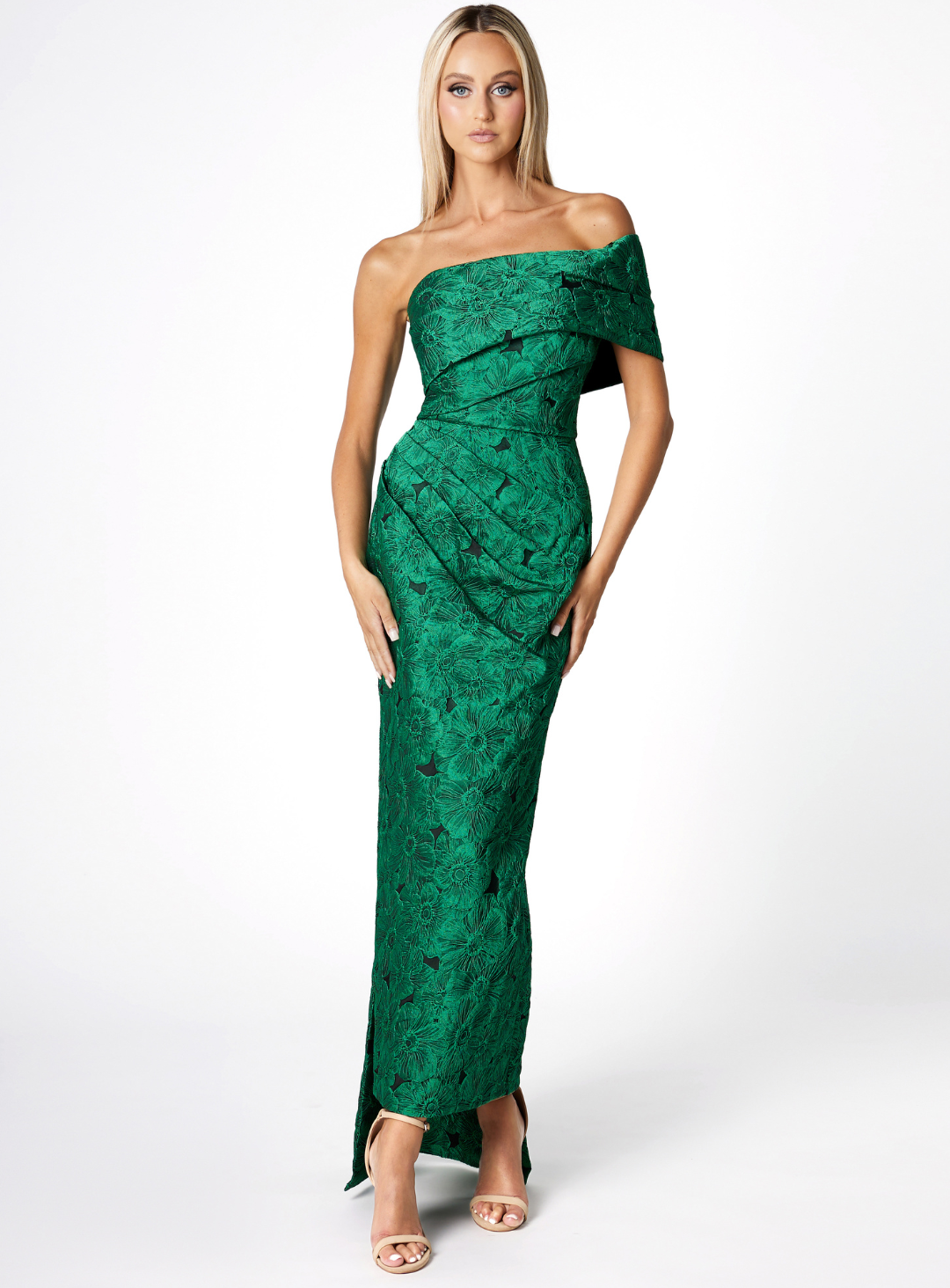 off shoulder emerald green jacquard maxi dress