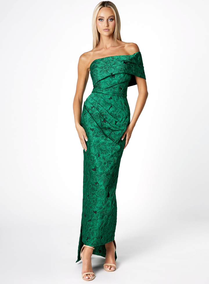 off shoulder emerald green jacquard maxi dress