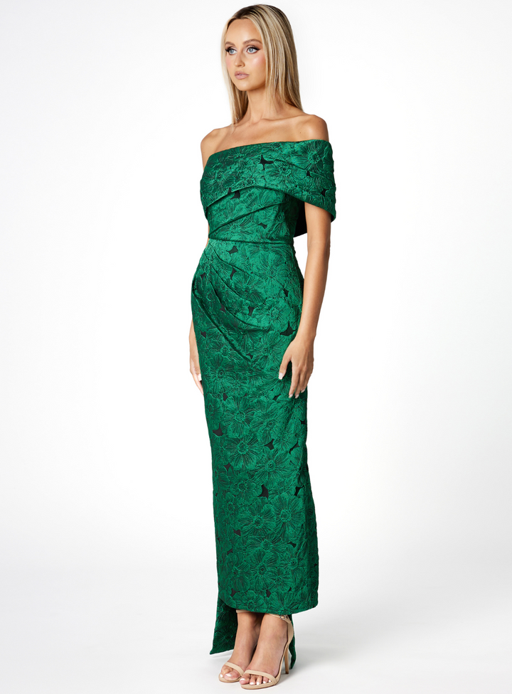 off the shoulder emerald green dress for a wedding