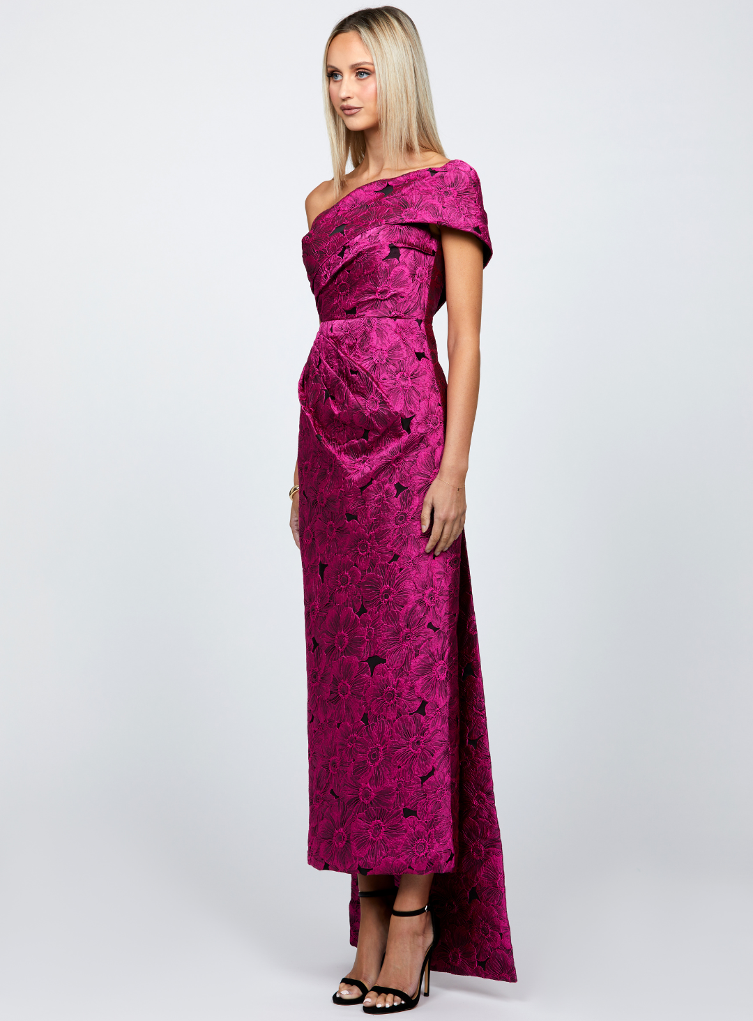 hot pink jacquard dress for wedding guests