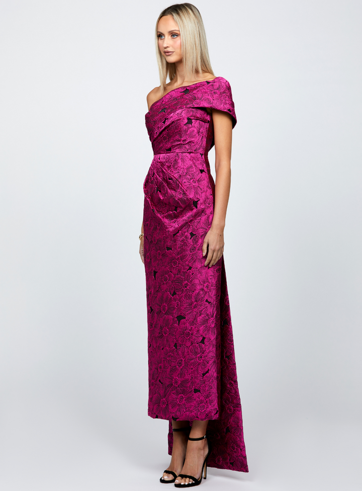 hot pink jacquard dress for wedding guests