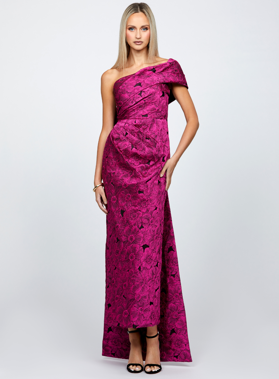 mother of the bride fuschia pink jacquard dress by bariano with off the shoulder sleeve