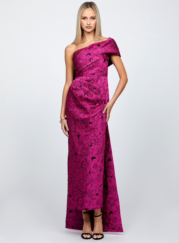mother of the bride fuschia pink jacquard dress by bariano with off the shoulder sleeve
