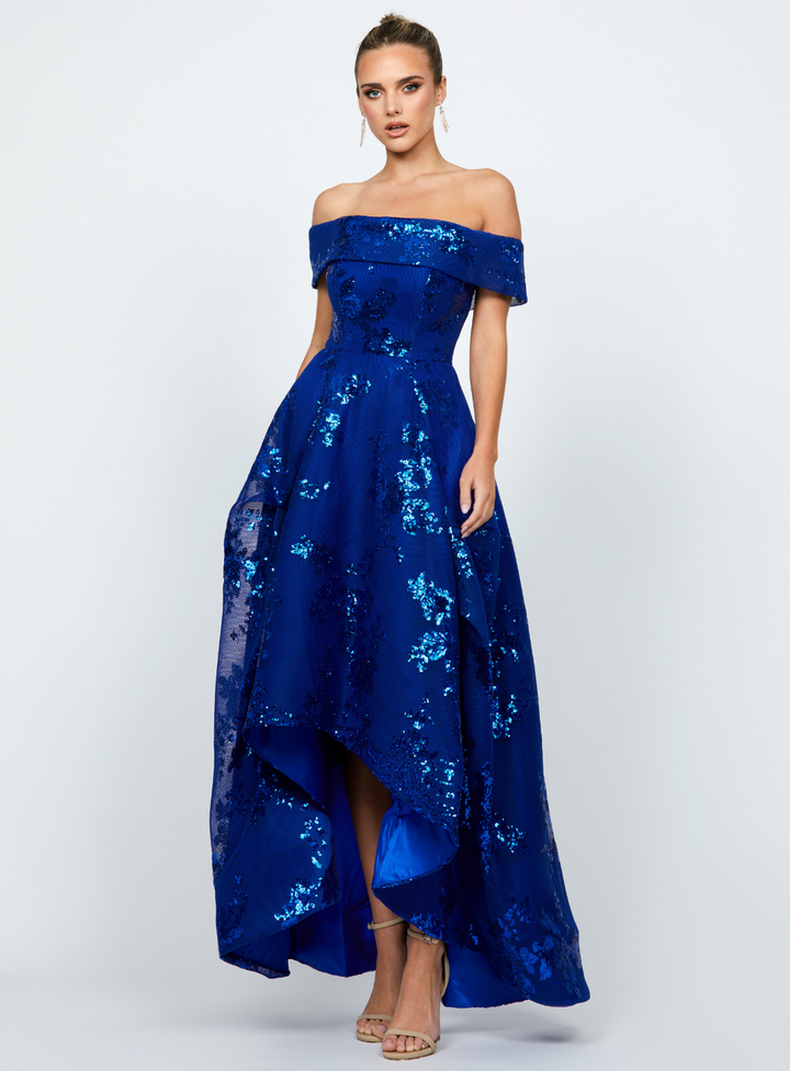 blue off shoulder fit and flare dress by bariano