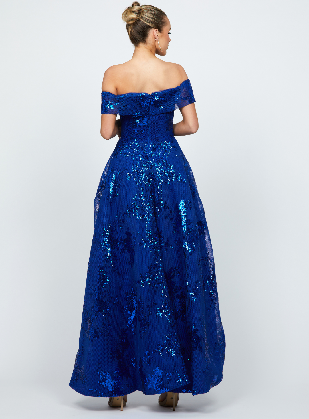 off shoulder mesh dress by bariano with flared out skirt