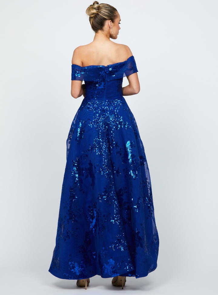 off shoulder mesh dress by bariano with flared out skirt