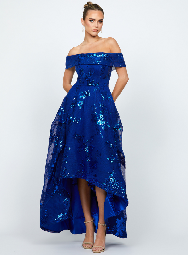 blue off shoulder mesh dress with sequin embellishments and hi-lo hem