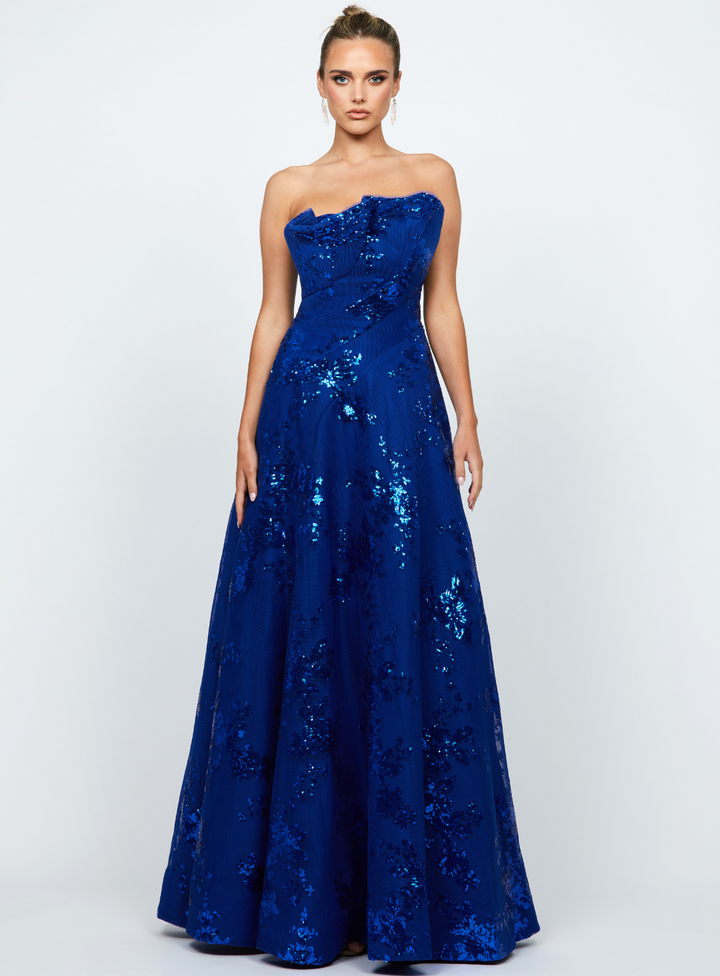 blue strapless ballgown by bariano for mother of the brides and formal girls