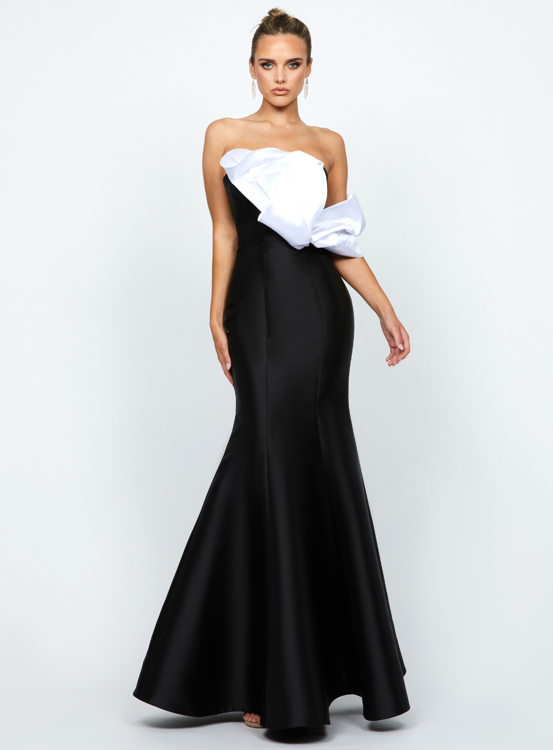 off shoulder black and white wedding guest dress by bariano