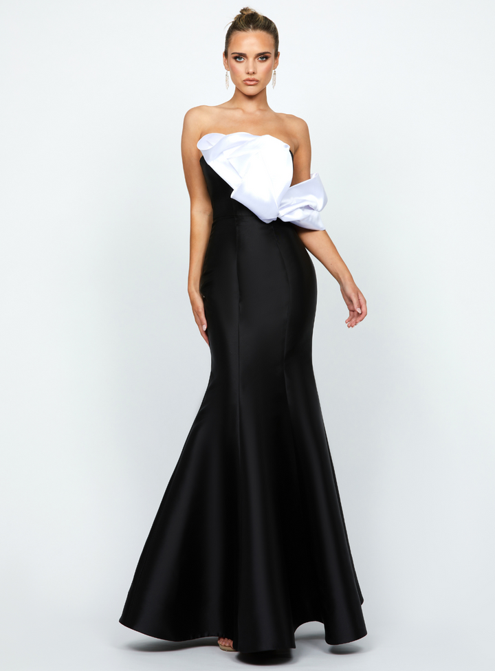 off shoulder black and white wedding guest dress by bariano