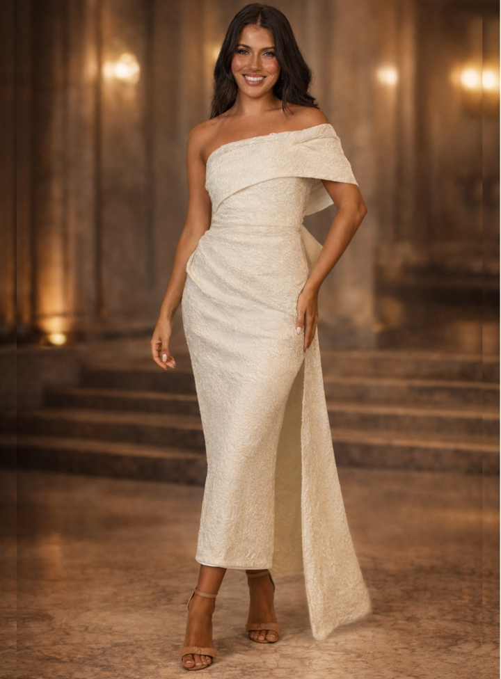 off shoulder ivory jacquard dress with ruching, perfect for engagement dress
