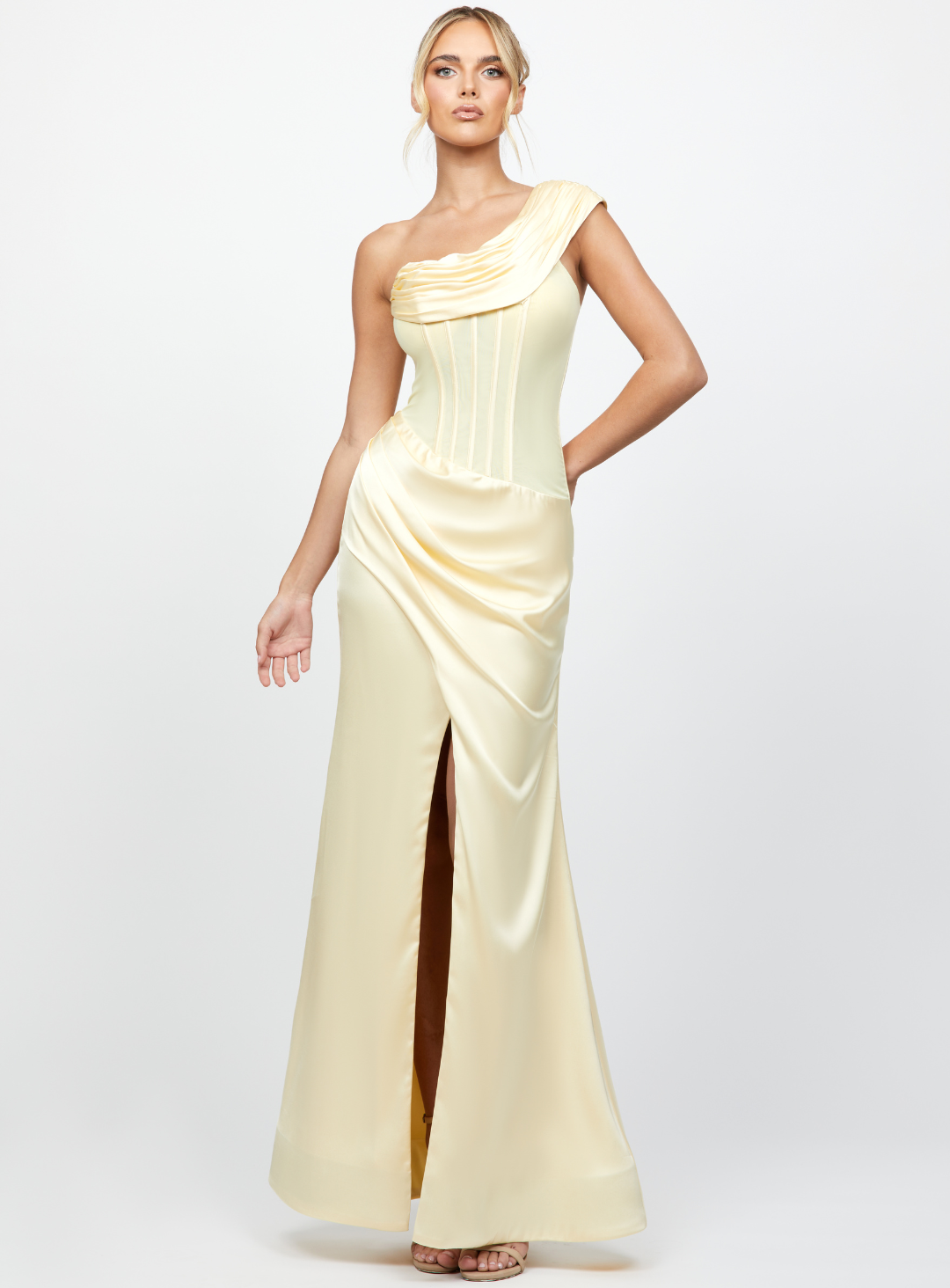 lemon one shoulder dress by bariano with corest bodice and leg split