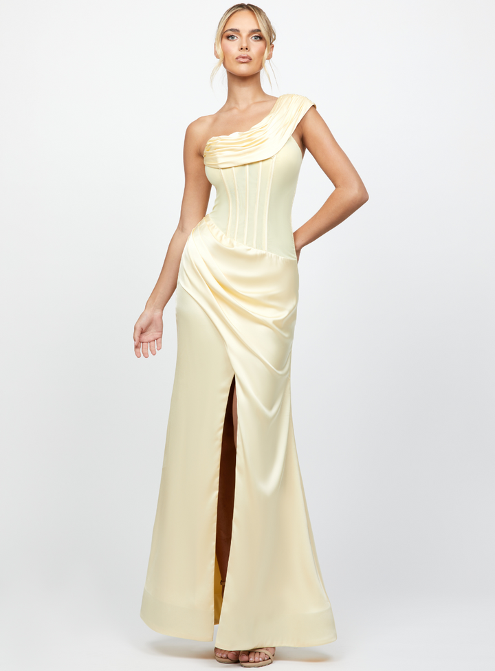lemon one shoulder dress by bariano with corest bodice and leg split