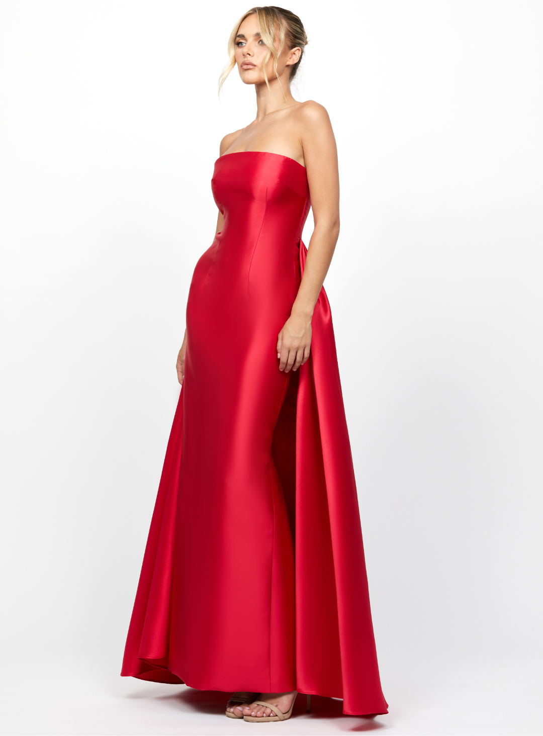 red strapless dress for a wedding guest