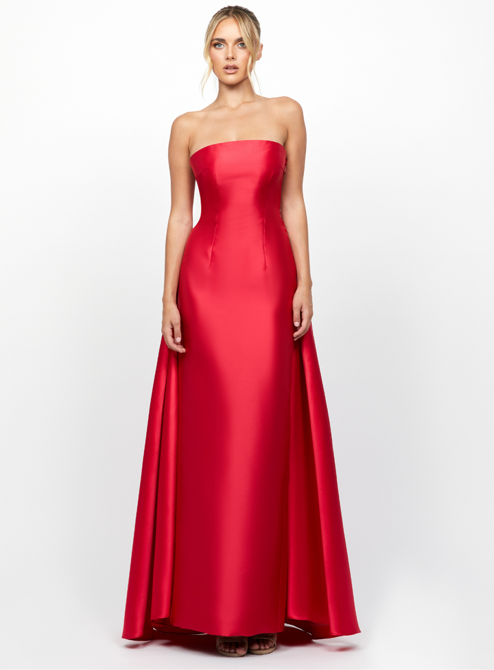 red strapless formal dress with overskirt