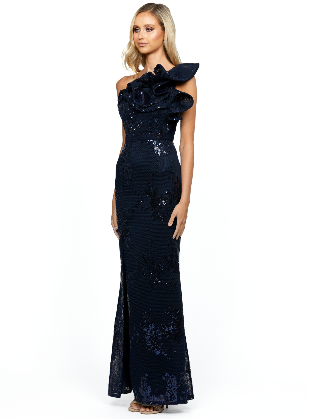 navy one shoulder bariano dress with ruffle shoulder detail