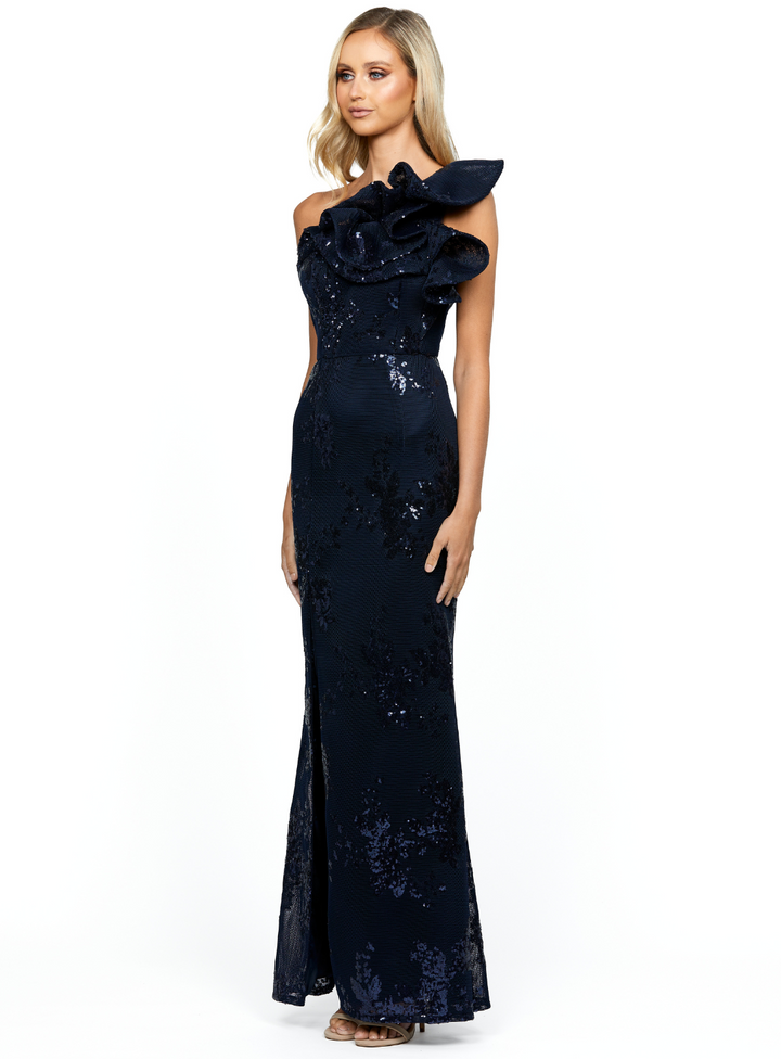navy one shoulder bariano dress with ruffle shoulder detail