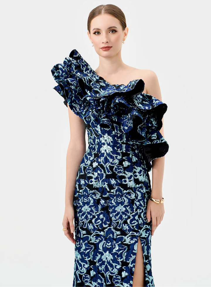 dramatic ruffle detail on bariano dress