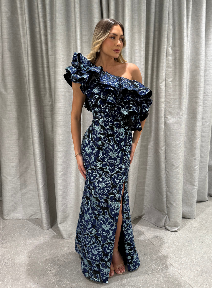 one shoulder bariano dress for black tie wedding