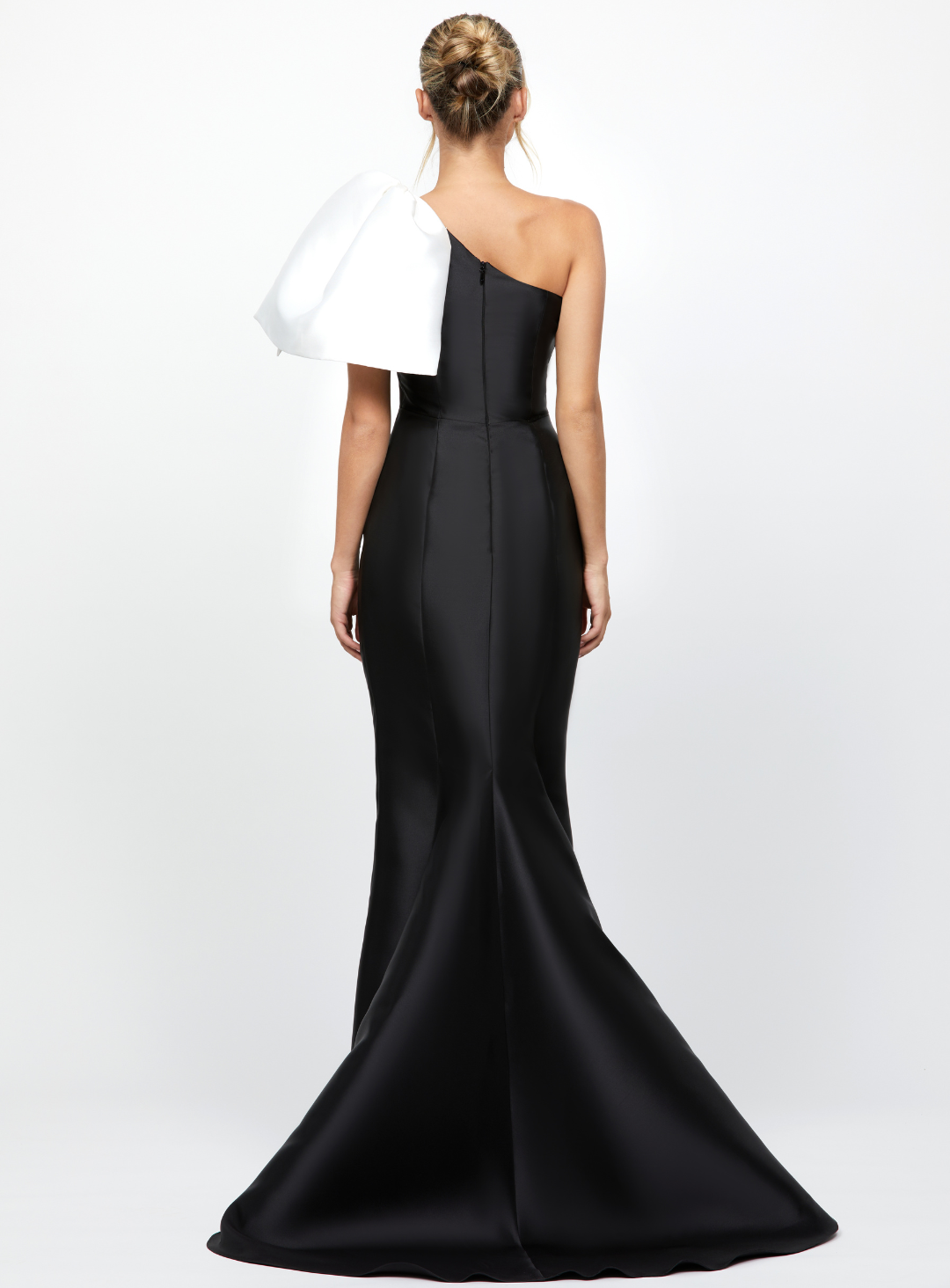 back of the Marcella Bow Fishtail Gown by Bariano