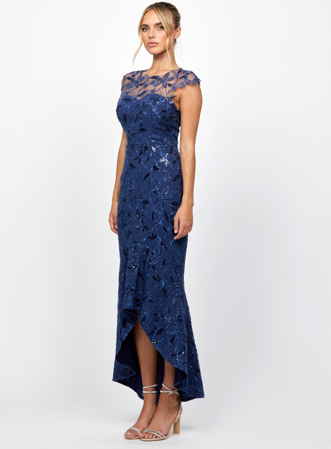 navy high neck bariano dress for a wedding