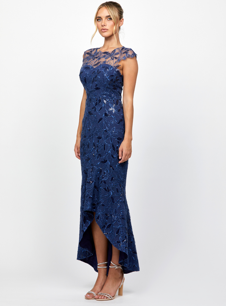 navy high neck bariano dress for a wedding