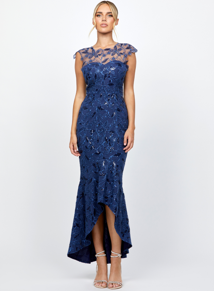 navy lace hi-lo dress for wedding guests or mothers of the bride and groom
