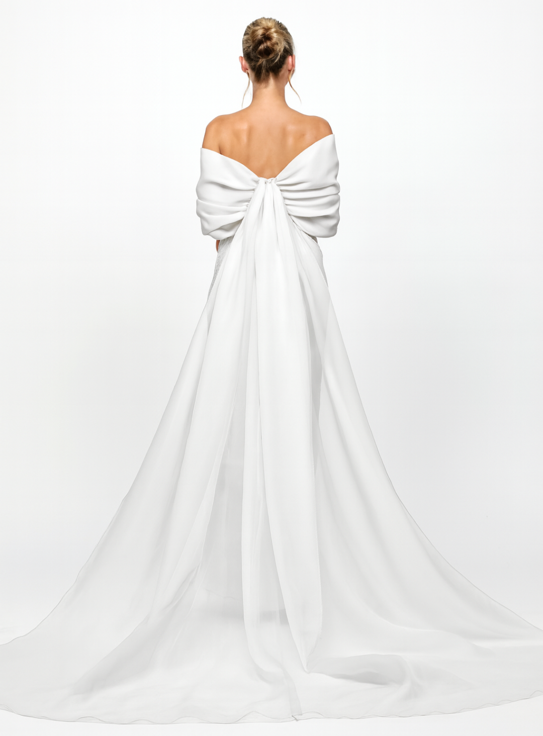 Chiffon off shoulder wedding dress with a chiffon draped train on the back