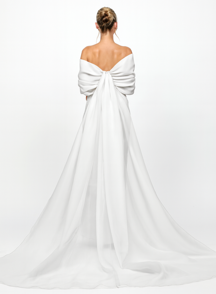 Chiffon off shoulder wedding dress with a chiffon draped train on the back