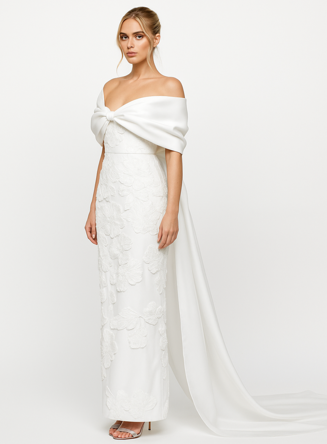 bridal gown with off shoulder chiffon detailing and train