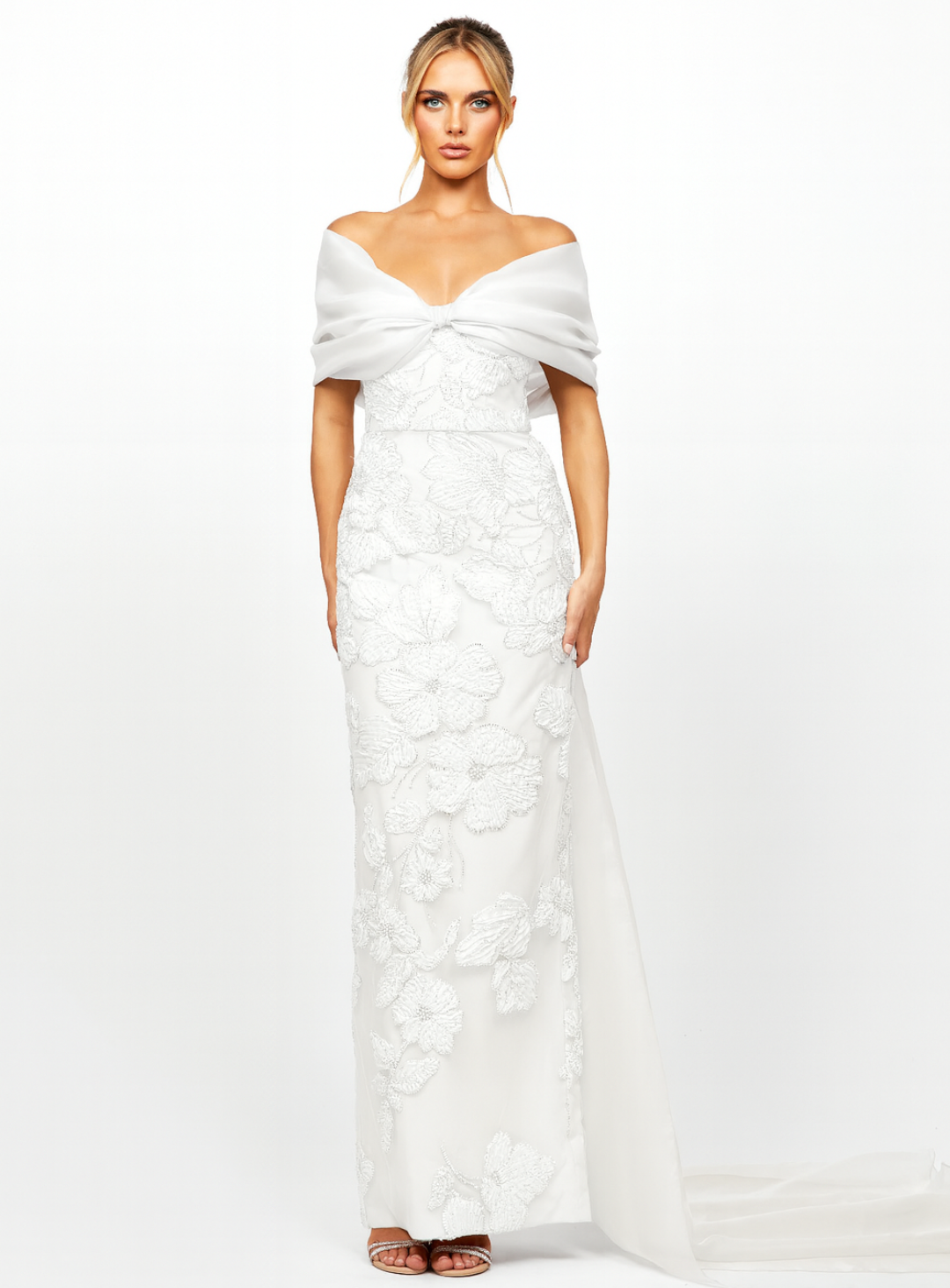 off the shoulder white dress suitable for a wedding dress or reception dress