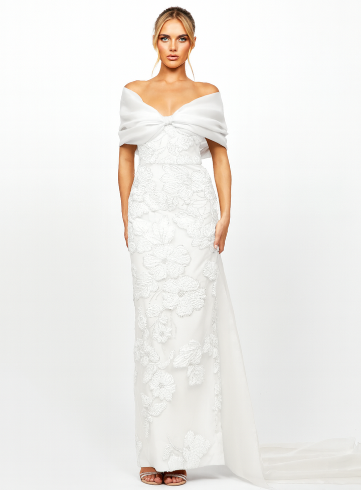off the shoulder white dress suitable for a wedding dress or reception dress