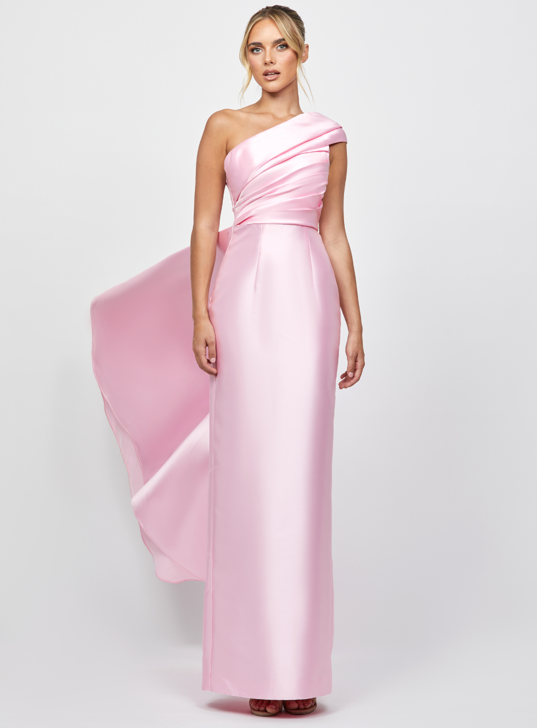 pink one shoulder gown by bariano