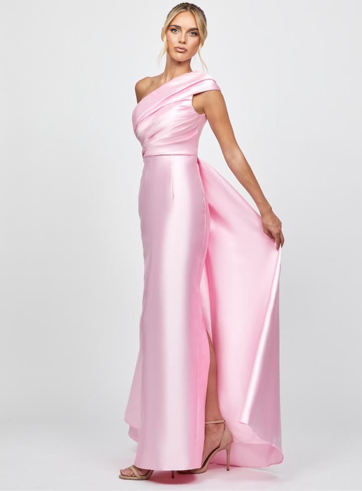 one shoulder duchess satin gown with skirt overlay for dramatic effect, perfect for black tie event