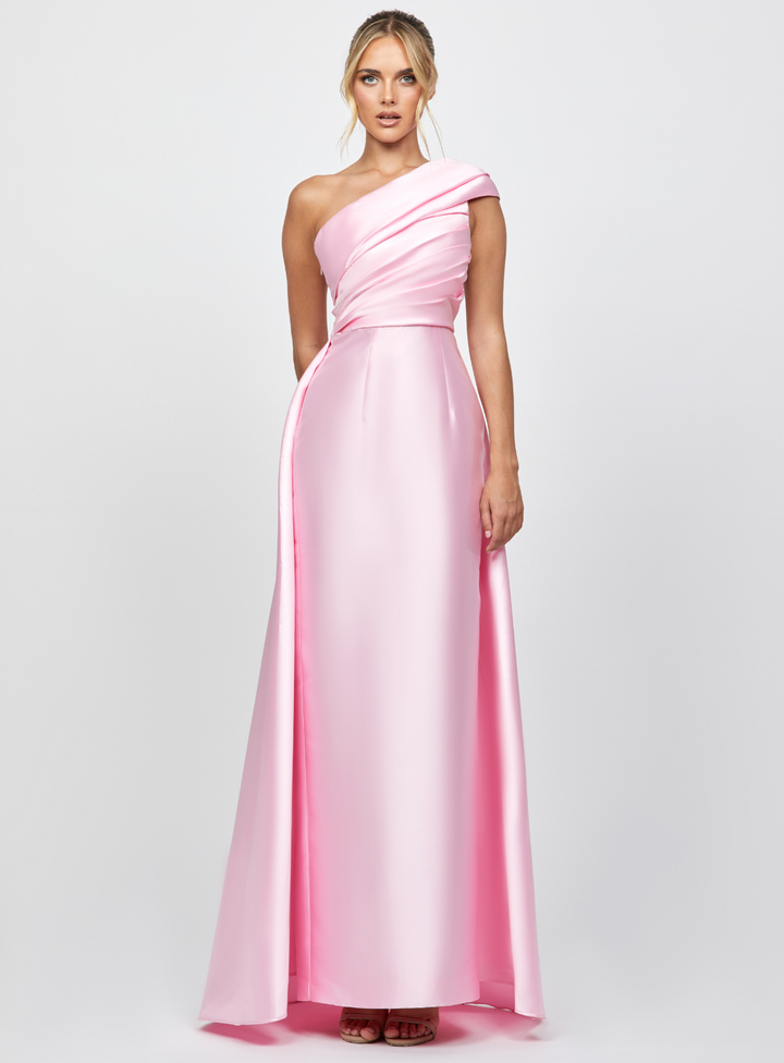 one shoulder pink satin dress with overskirt for mother of the bride