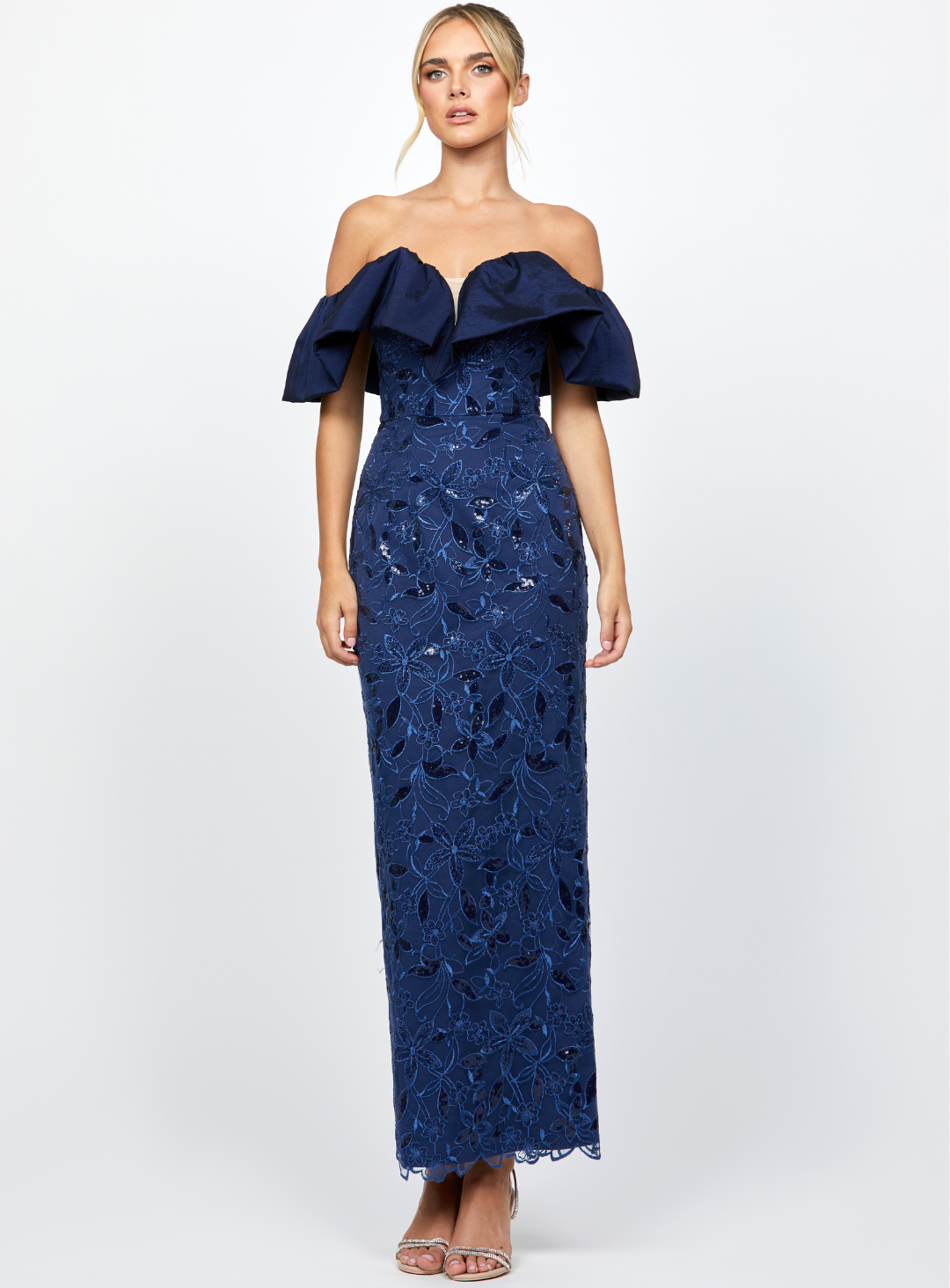 off the shoulder navy pencil dress for mother of the bride