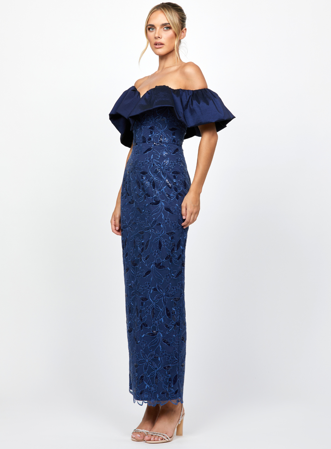 navy off shoulder pencil dress bariano