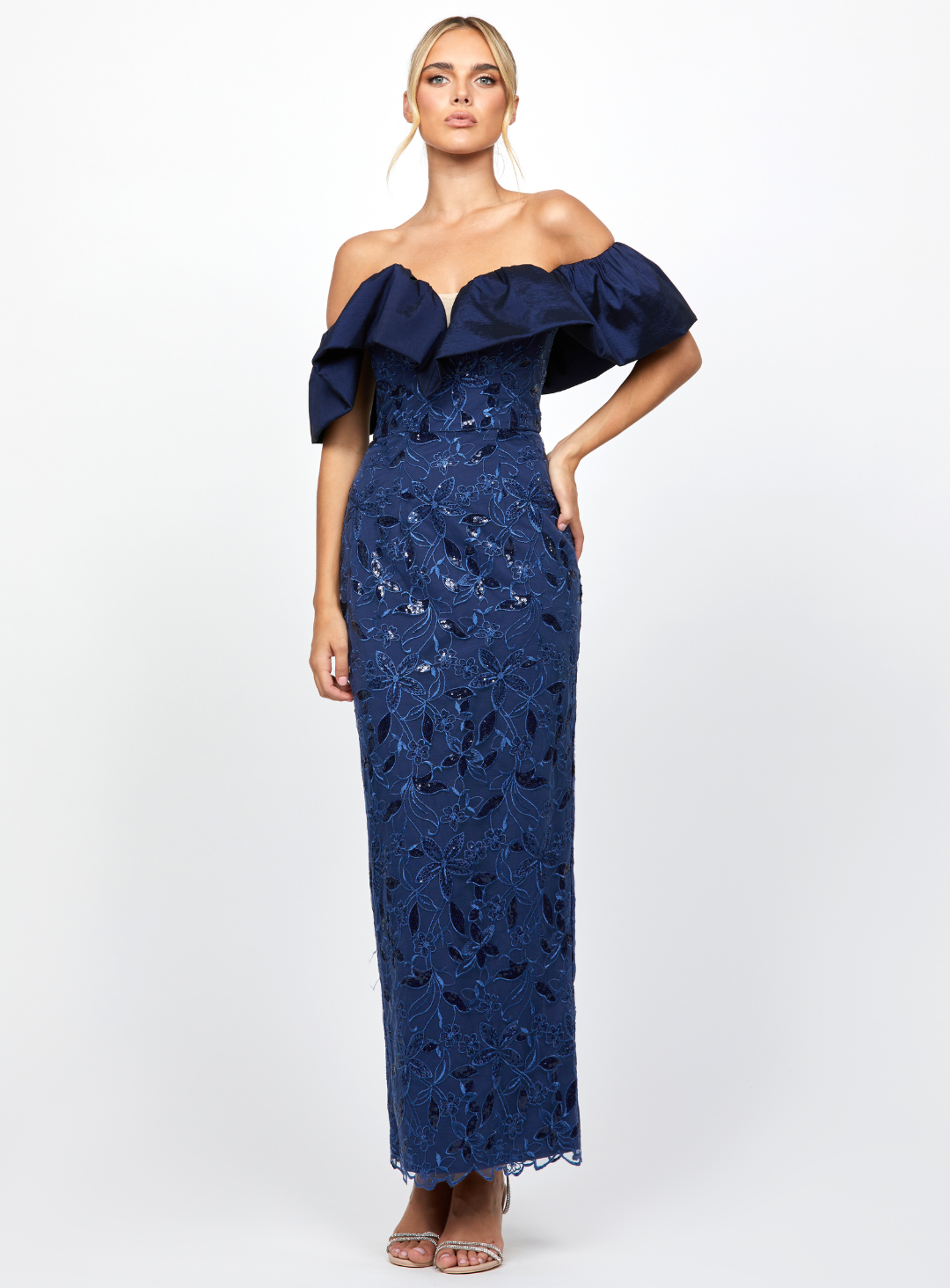 navy off the shoulder wedding guest dress