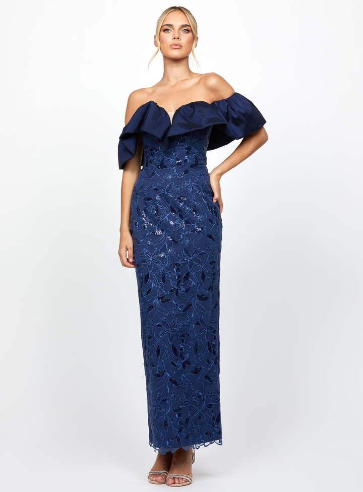 navy off the shoulder wedding guest dress