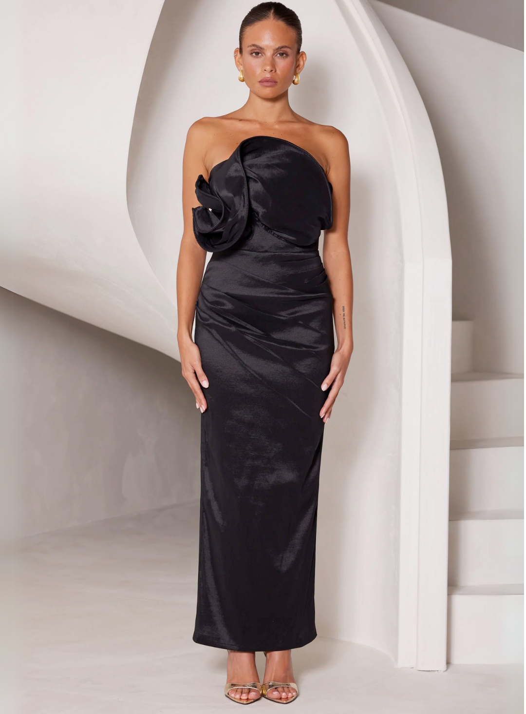 black pencil dress by elle zeitoune featuring 3d sculptural bodice, perfect for wedding guests