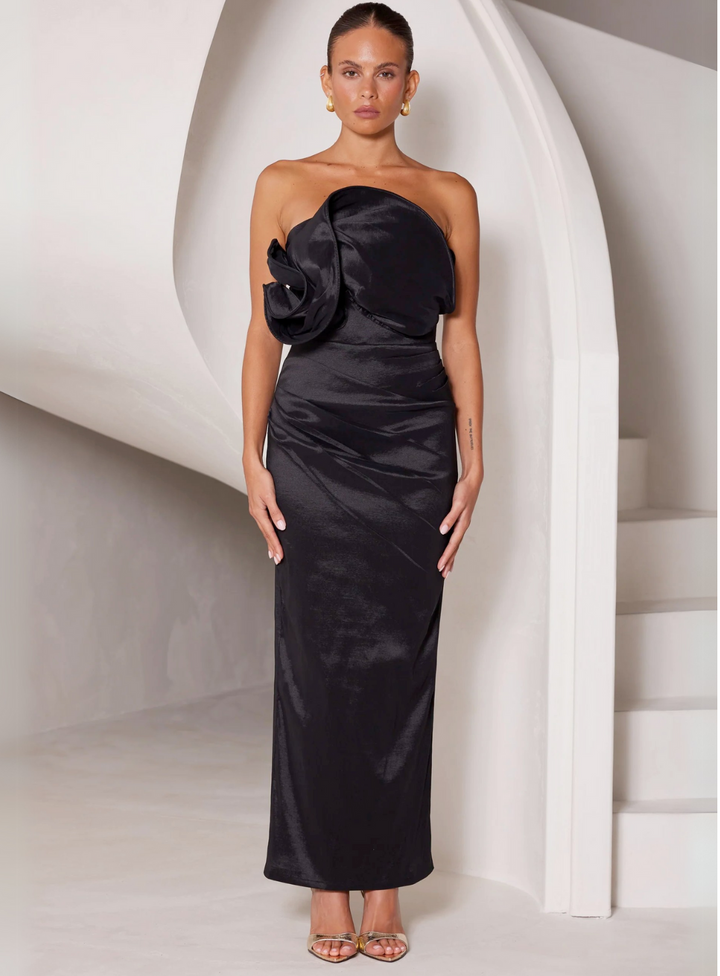 black pencil dress by elle zeitoune featuring 3d sculptural bodice, perfect for wedding guests