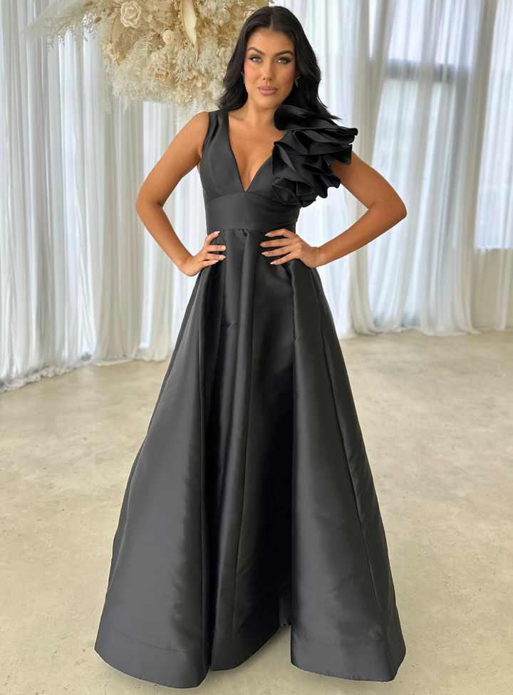 modern black satin ball gown for mother of the brides