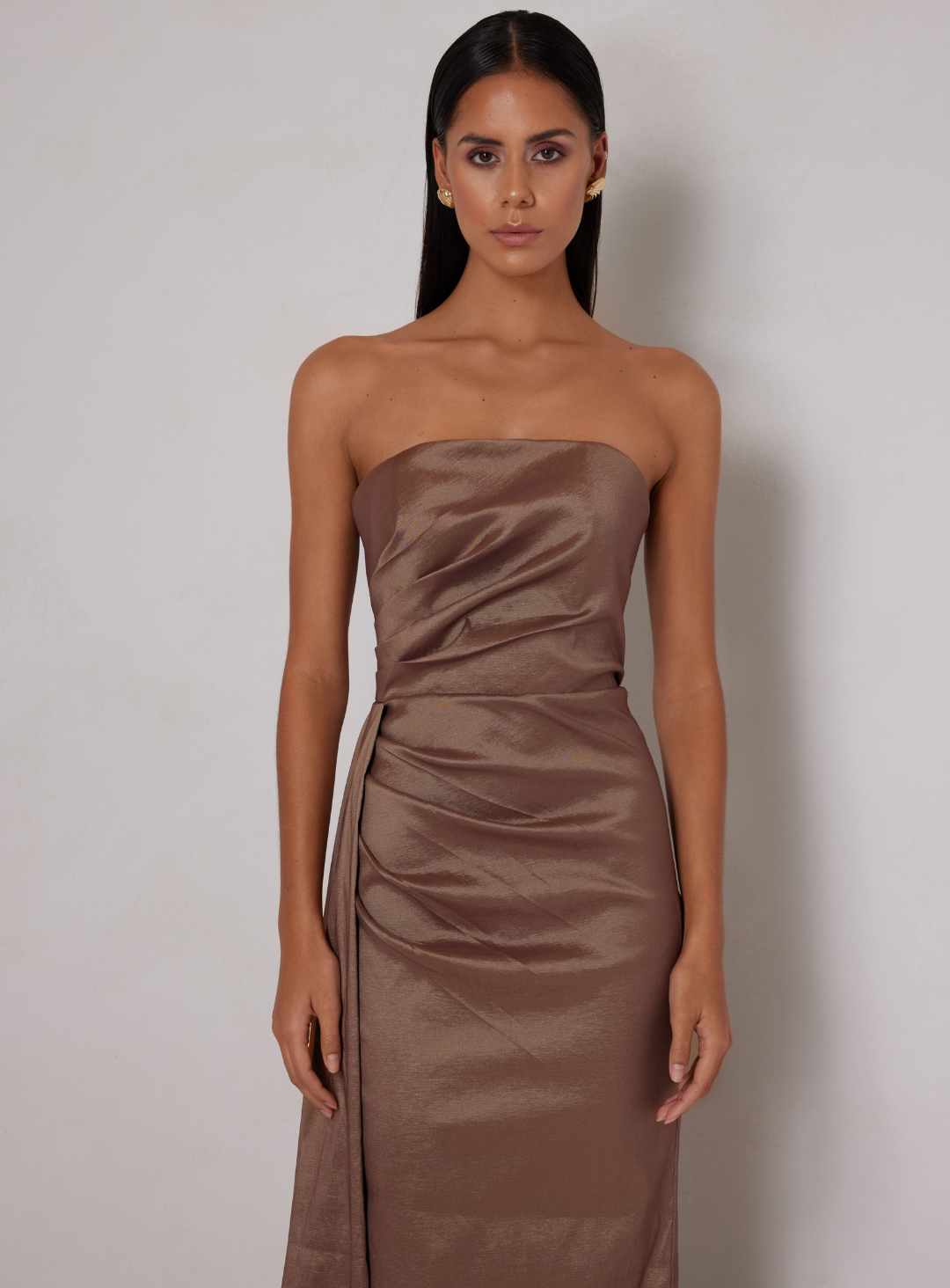 close up of the paulina dress by elle zeitoune in cocoa
