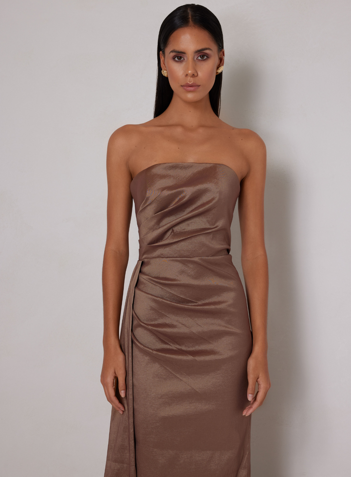 close up of the paulina dress by elle zeitoune in cocoa