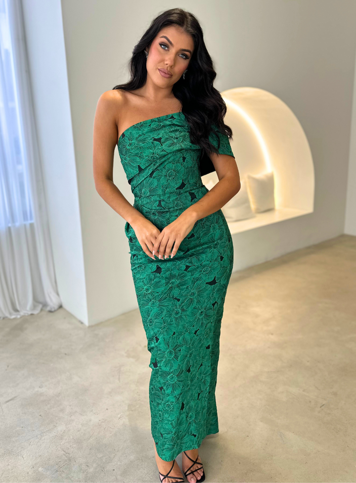 emerald floral print jacquard maxi dress by bariano