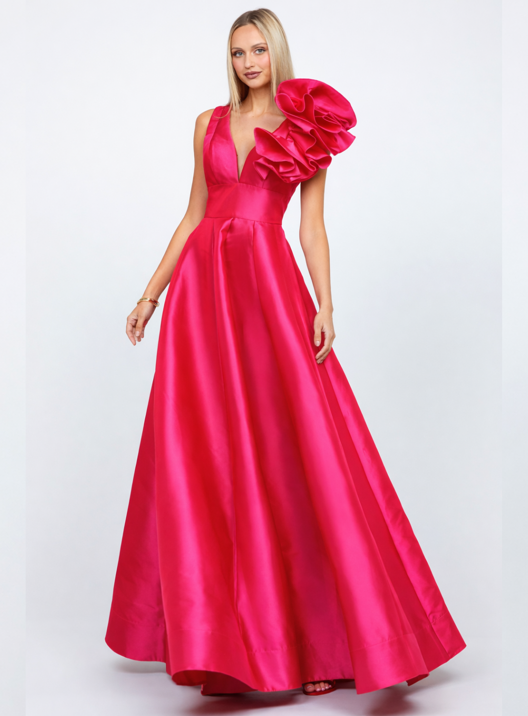 pink v-neck ball gown by bariano