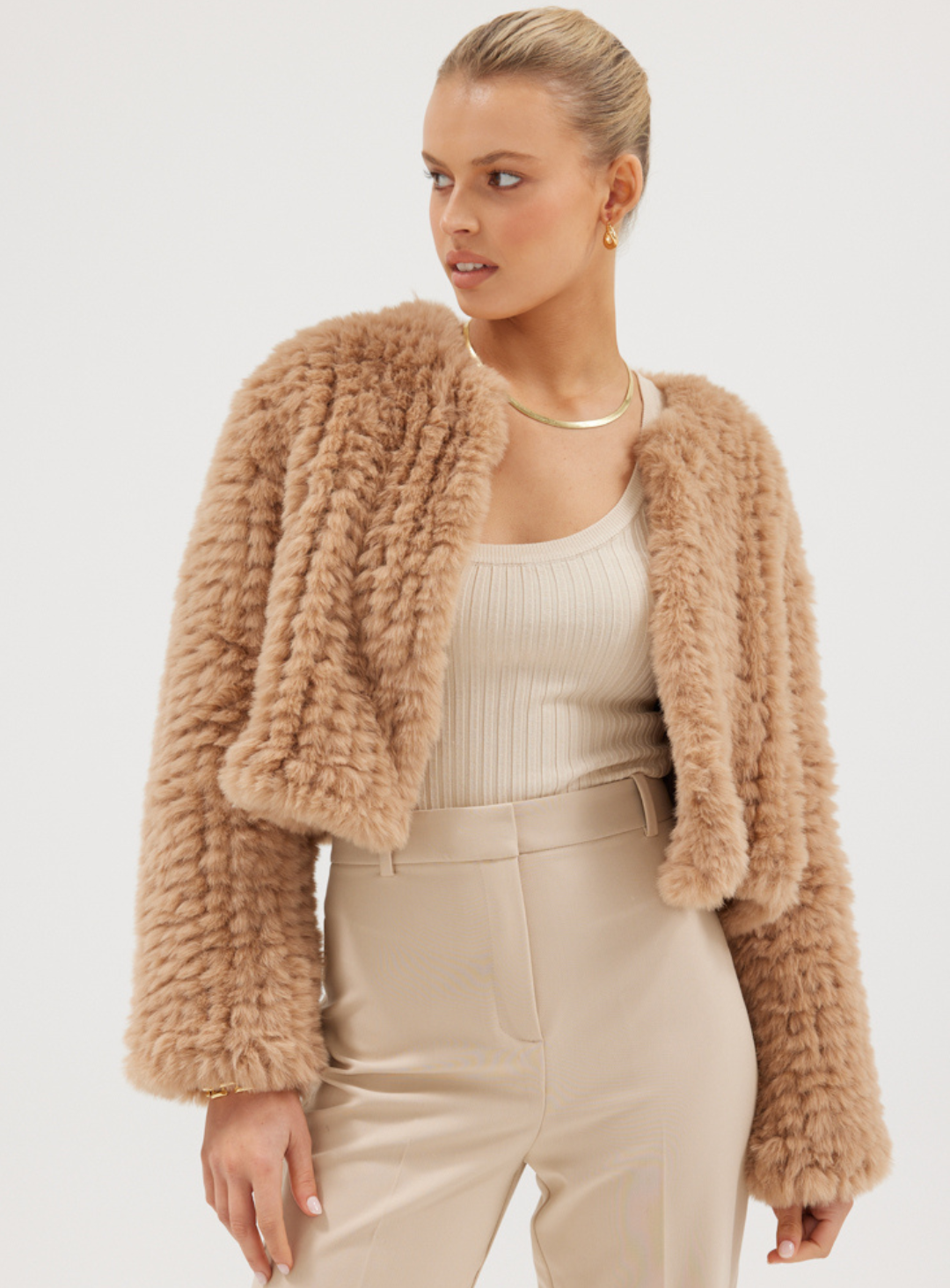 Beige Faux Lola Jacket by Bubish Luxe – White Runway